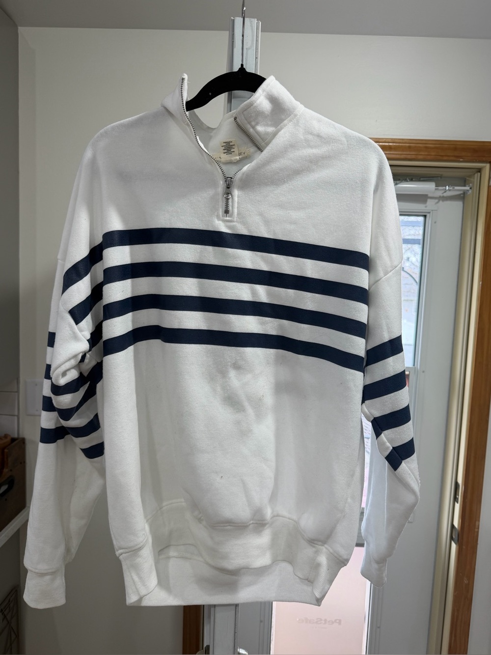 Men's White Quarter-Zip Sweater with Navy Stripes
